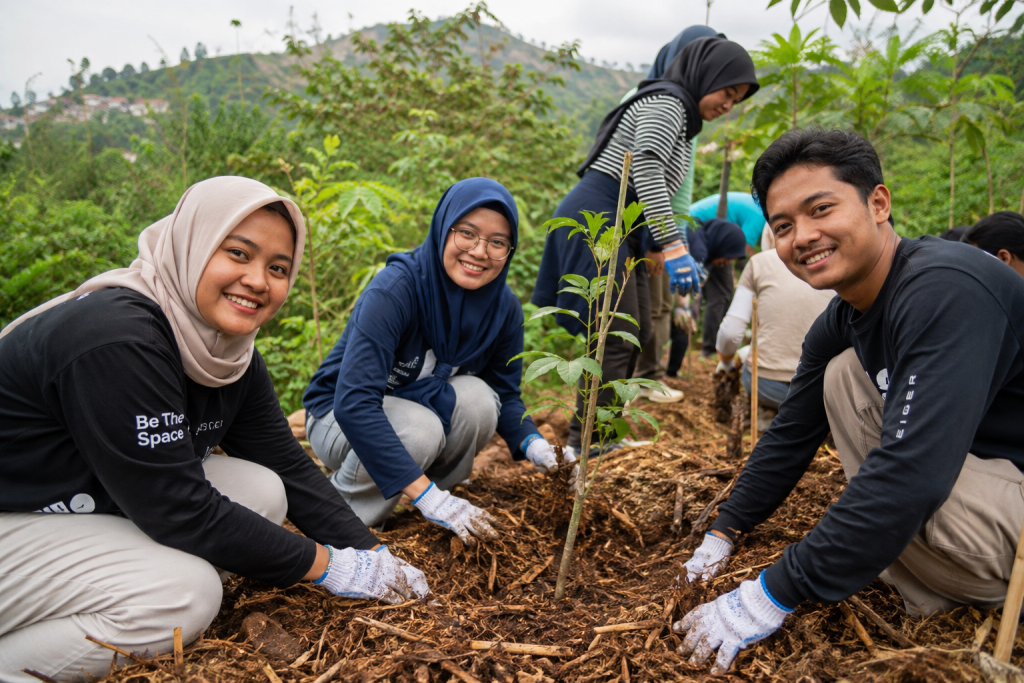Program penanaman hutan mikro berbasis komunitas dan edukasi lingkungan di Bandung.