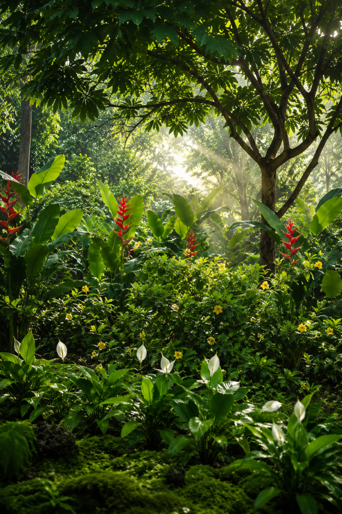 Struktur 7 lapisan vegetasi hutan mini tropis mulai dari penutup tanah hingga tajuk pohon kanopi.