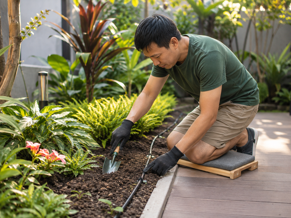 Persiapan penggemburan tanah dan instalasi irigasi sebelum penanaman hutan mini pekarangan rumah.
