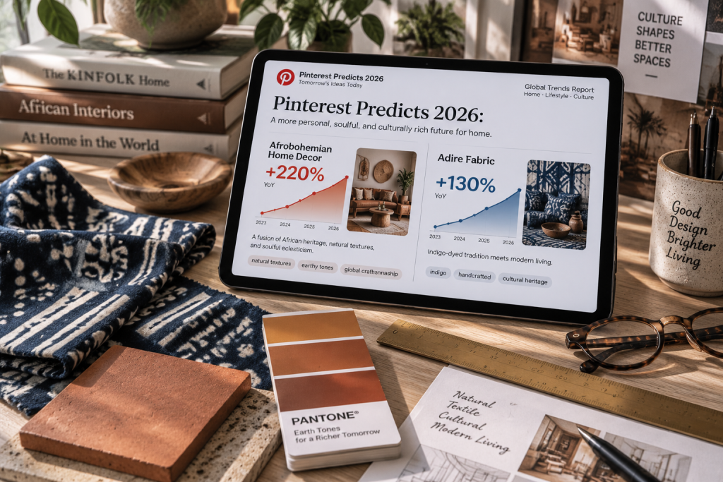 African Boho Jadi Salah Satu Tren Interior 2026 3 Tablet menampilkan grafik lonjakan pencarian 220 persen tren afrobohemian home decor dari Pinterest Predicts 2026.