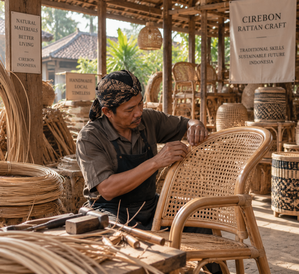 African Boho Jadi Salah Satu Tren Interior 2026 4 Pengrajin rotan Cirebon menganyam kursi aksen serat alam yang menjadi produk kunci tren African boho.