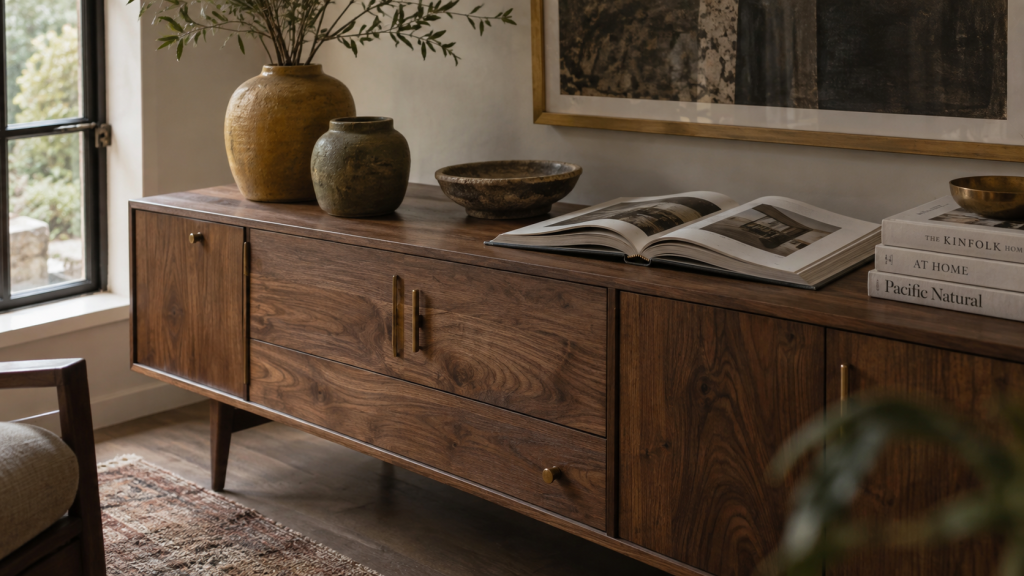 Mid-Century Modern Kembali Hype di Tren Interior 2026 2 Karakteristik garis bersih dan bentuk geometris furnitur kabinet kayu mid-century modern dengan dekorasi keramik earthy.