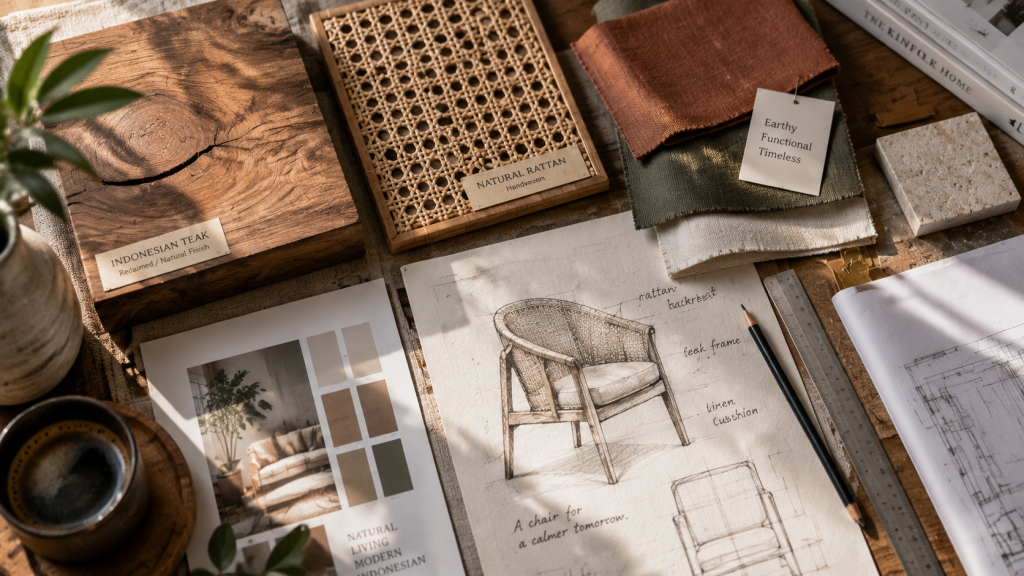 Mid-Century Modern Kembali Hype di Tren Interior 2026 4 Sampel material kayu jati daur ulang, anyaman rotan, dan palet warna earthy pada meja kerja arsitek interior.
