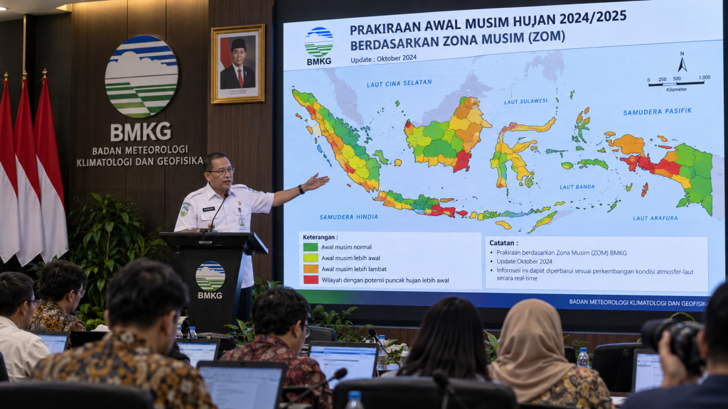 Layar paparan proyeksi zona musim BMKG menampilkan peta sebaran awal dan puncak musim hujan Indonesia 2026/2027.