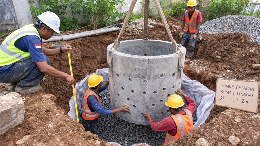 Pemasangan buis beton berpori untuk sumur resapan air hujan pekarangan sesuai standar teknis SNI 8456:2017.