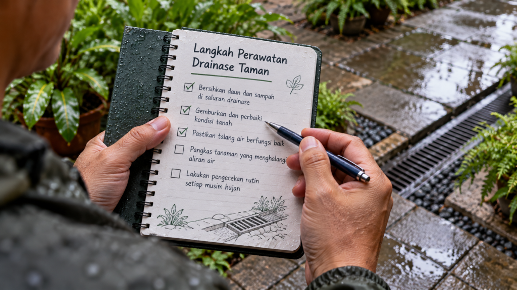 Pemilik rumah membawa buku catatan checklist langkah verifikasi titik genangan air taman saat gerimis reda.